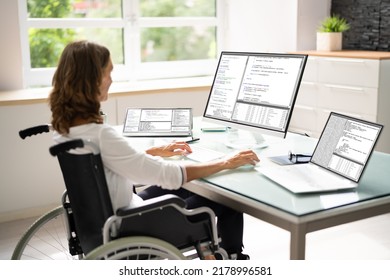 Programmer Woman Coding On Multiple Computer Screens