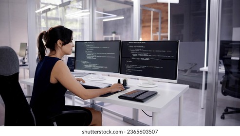 Programmer Woman Coding On Multiple Computer Screens