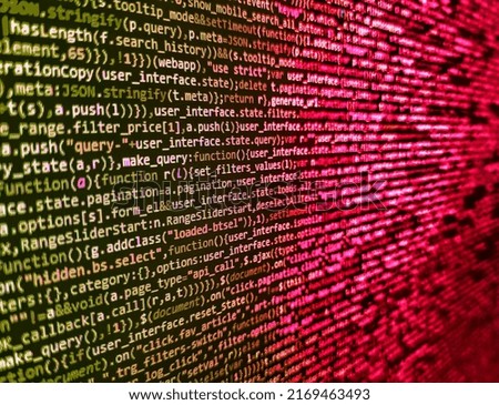 Programmer working in computer screen. Concept of security, programming and hacking, deep decryption and encryption. Front-end applications in the color concept. Tensorflow AI concept