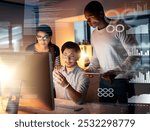 Programmer, working and dashboard overlay at night in office and database developer team with software development. Planning, conversation and web statistics with it people and coding strategy
