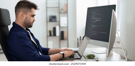 Programmer working at desk in office. Banner design