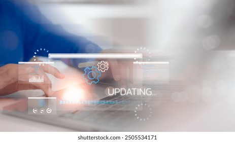 Programmer working and installing update process. Software updates or operating system upgrades to keep your device up to date with enhanced functionality in new versions and improved security.
