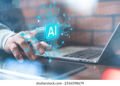 Programmer working laptops with AI, artificial intelligence software engineer coding on laptop computers with technology icons and binary code.

