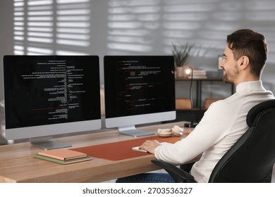 Programmer working on computer with dual monitors at table in office