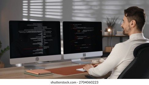 Programmer working on computer with dual monitors at table in office