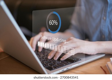 Programmer working on latest release software update download for user digital computer system upgrade data information protection privacy cybersecurity to prevent crime hacker mobile refresh web