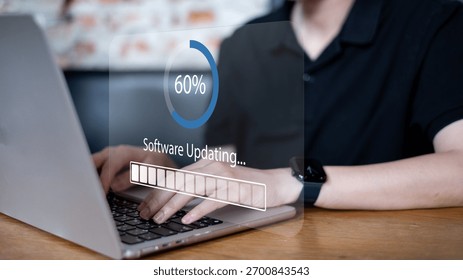 Programmer working on latest release software update download for user digital computer system upgrade data information protection privacy cybersecurity to prevent crime hacker mobile refresh web