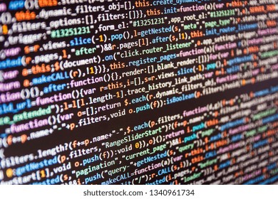 Programmer working in a software develop company office. Web programming and bracket technology background. Key password theft hacking firewall concept Creative Js HTML5 closeup set on background. 