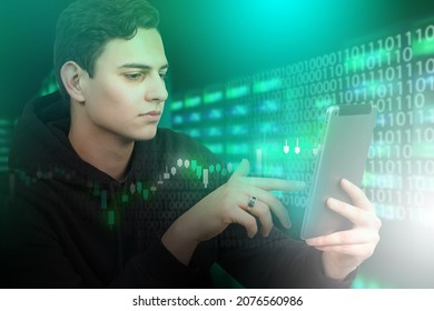 Programmer Works In Fin Tech Sphere. Fin Tech Industry. Financial Technologies. Financial Data Center Administration. Guy With Tablet In Server Room. Investment Charts Next To It. Developer Fin Tech