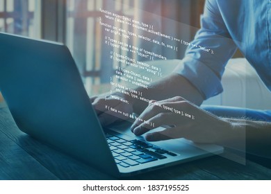 programmer writing programming code script on virtual screen
