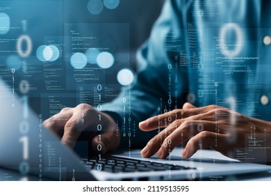 Programmers and cyber security technologies design websites and security in the Social World, cyberspace concepts. - Shutterstock ID 2119513595
