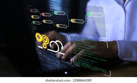 Programmers are designing software with a node tree architecture as agile development and operation or dev ops. - Shutterstock ID 2288864289