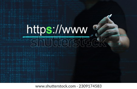 The programmer's hand underlines https www choosing a domain type https is more secure, adding S to increase security. HTTPS is an encrypted communication protocol using Asymmetric Algorithm.