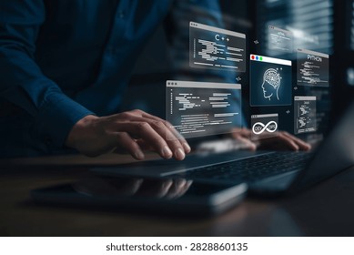 Programmer's hands coding on a laptop, engaging with a futuristic holographic interface displaying multiple programming languages (C++, HTML, Python, Java), AI, and DevOps concepts, representing modern software development and digital technology innovation.