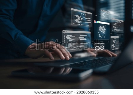 Programmer's hands coding on a laptop, engaging with a futuristic holographic interface displaying multiple programming languages (C++, HTML, Python, Java), AI, and DevOps concepts, representing modern software development and digital technology innovation.