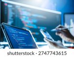 Programmers are writing computer code to develop applications or websites using JavaScript and C++ programming languages, and testing them to ensure the system works efficiently on their smartphones.