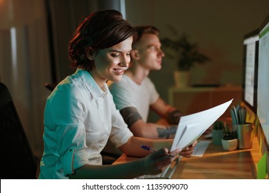 Programmers Writing Software For Website On Computer. Man And Woman Programming In Office. High Resolution  - Shutterstock ID 1135909070