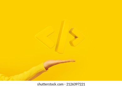 Programming 3d render code icon.  Programming code symbol in hand. Coding or Hacker background. Development and software concept.
