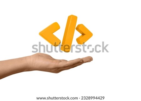 Programming 3d render code icon.  Programming code symbol in hand isolated on white background, Coding or Hacker background. Development and software concept.