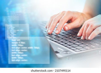 Programming Background. Hands On Keyboard. Programmer's Hands Next To Blurred Code. Code Symbolizes Development Of Programs. Wallpaper On Theme Of Development. Background With Program Code