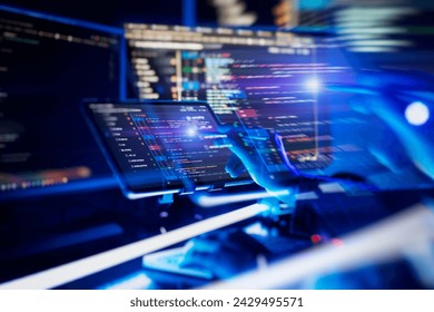 Programming code abstract screen of software developer. Working atmosphere of a programmer at home