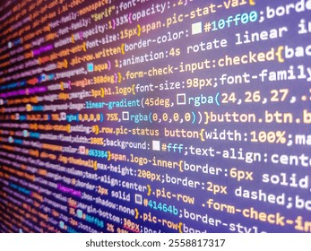 Programming code abstract screen of a software developer. Developer display with source code. Abstract seamless zigzag pattern with waves in white, green, blue, lilac tones. Javascript code.