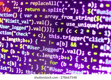 Programming code abstract screen of software developer. Computer script. Purple violet blue pink color.