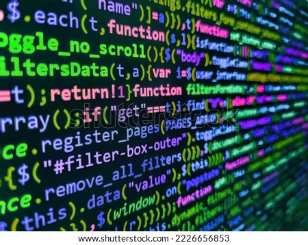 Programming code abstract screen of software developer. HTML5 in editor for website development. Monitor closeup of function source code. Modern application Source abstract algorithm concept