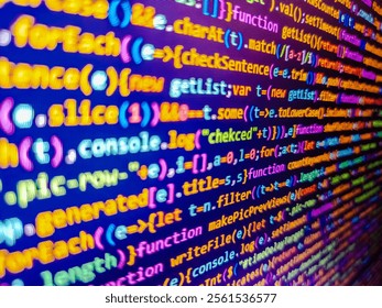 Programming code with black background. Software development by programmer. Pixelated data stream on digital interface with binary code, encryption concept, and glowing dots. Javascript code.