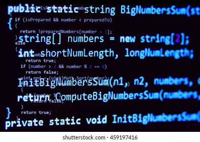 Programming code - blue color, written in C# language syntax on black