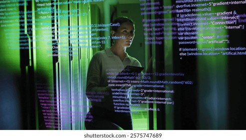 Programming code image over woman using smartphone in server room. Technology, coding, cybersecurity, IT, networking, data