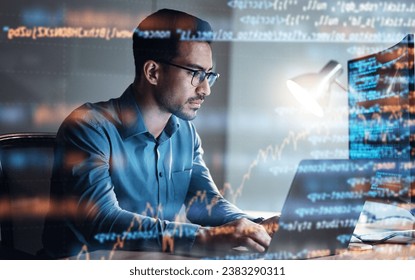 Programming, code and man with focus, hologram and digital software with cyber security, trading and online reading. Male person, coder and employee with investment, research and check stock market