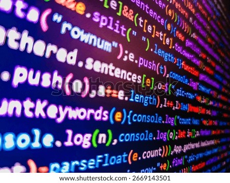 Programming code on computer monit. Programmer workplace. Big da. Photo of computer digital background. HTML5 in editor for website deve. Programming code screen of software developer