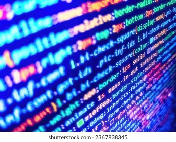 Programming code on computer screen. Modern tech. Freeware open source project. Lots of digits on the computer screen. Data bits computer bits, shadow and dark vignette effect. Linux code. Php code