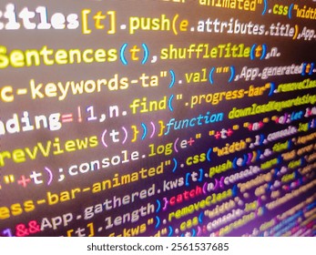 Programming code on computer screen. Multi exposure. Software source code. Stock exchange market data. Javascript code on a monitor. Background of program code. Html with web development.