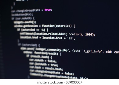 Programming code on computer screen. Software development. Writing program code on computer. 