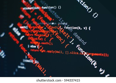 Programming code on computer screen. Software development. Writing program code on computer.