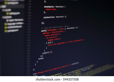 Programming code on computer screen. Software development. Writing program code on computer.