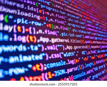 Programming code on monitor screen. Business analysis concept. Compressed javascript code on computer screen. Monitor with stock data, closeup. Abstract code background. Binary code. Blue color.