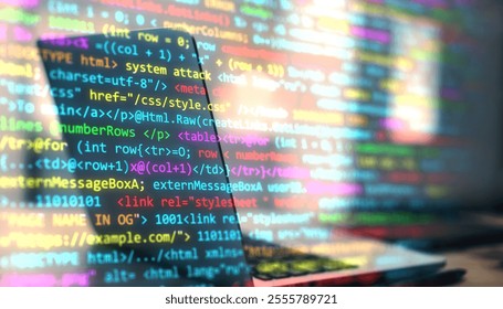 Programming code overlaying a laptop screen in a colorful, abstract style on a blurred background. Concept of coding, software, and tech innovation