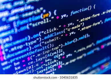 Programming code typing. Big data and Internet of things trend. Mobile app building. Mobile app developer. Abstract IT technology background.  Website programming code. Binary digits code editing. 