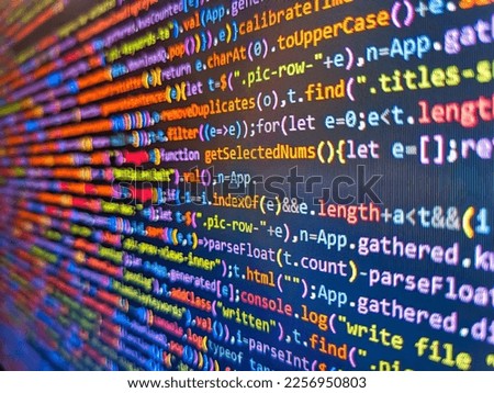 Programming code typing. Freeware open source project. Coding application by programmer developer. Blue color. Big data storage and cloud computing representation. New technology revolution
