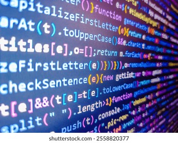 Programming code. Web development code on screen. Blue software developer. Numbers on computer screen. Abstract modern virtual computer script. Binary code computer language data transfers.
