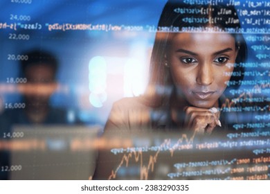 Programming, code and woman with focus, hologram and digital software with cyber security, futuristic and website development. Female person, coder or trader with data analysis, research or analytics - Powered by Shutterstock