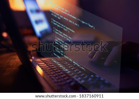 Programming code writing, software coding developing, hands typing computer script.	