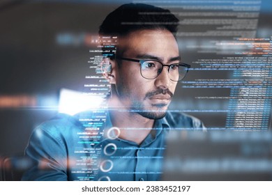 Programming coding and man with focus, hologram and trading with cyber security, futuristic and research. Male person, investor and employee with data analysis, server or investment with website info - Powered by Shutterstock - Get 15% off with code: PIKWIZARD15