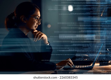 Programming, coding and thinking with woman at laptop with hologram overlay for software, idea and digital at night. Data analytics, technology and future with employee for media, database and matrix