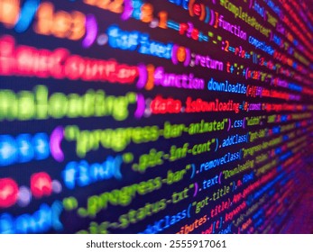 Programming concept. Business analysis concept. Sequence of numbers with bright colors on a black background. Binary background. Javascript code background. Monitor technology concept.