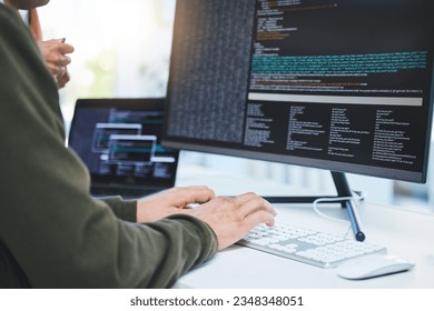 Programming, developer and hands on computer for coding, software script or cyber security in office. Closeup of IT technician person with technology for typing code, future and data analytics