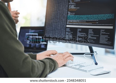 Programming, developer and hands on computer for coding, software script or cyber security in office. Closeup of IT technician person with technology for typing code, future and data analytics
